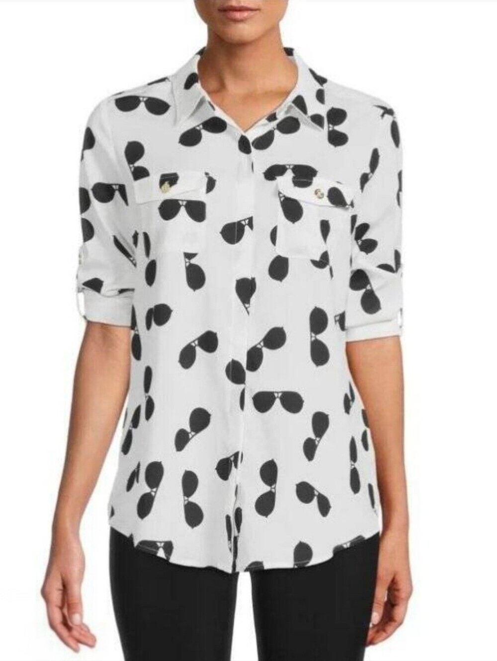 Karl Lagerfeld NEW White ButtonUp Roll Tab Sleeves Shirt Black Sunglasses Print